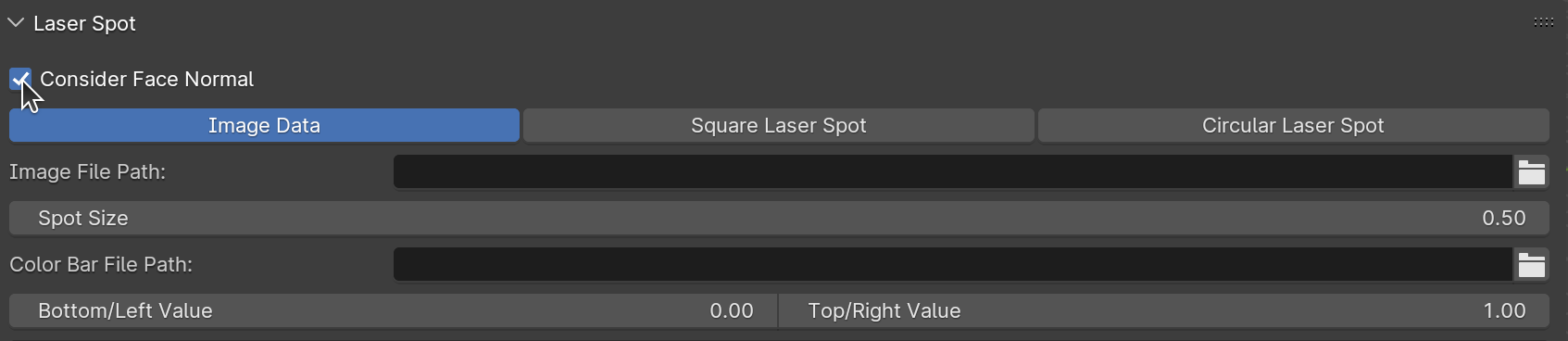Opening the Laser Spot panel and using Consider Face Normal