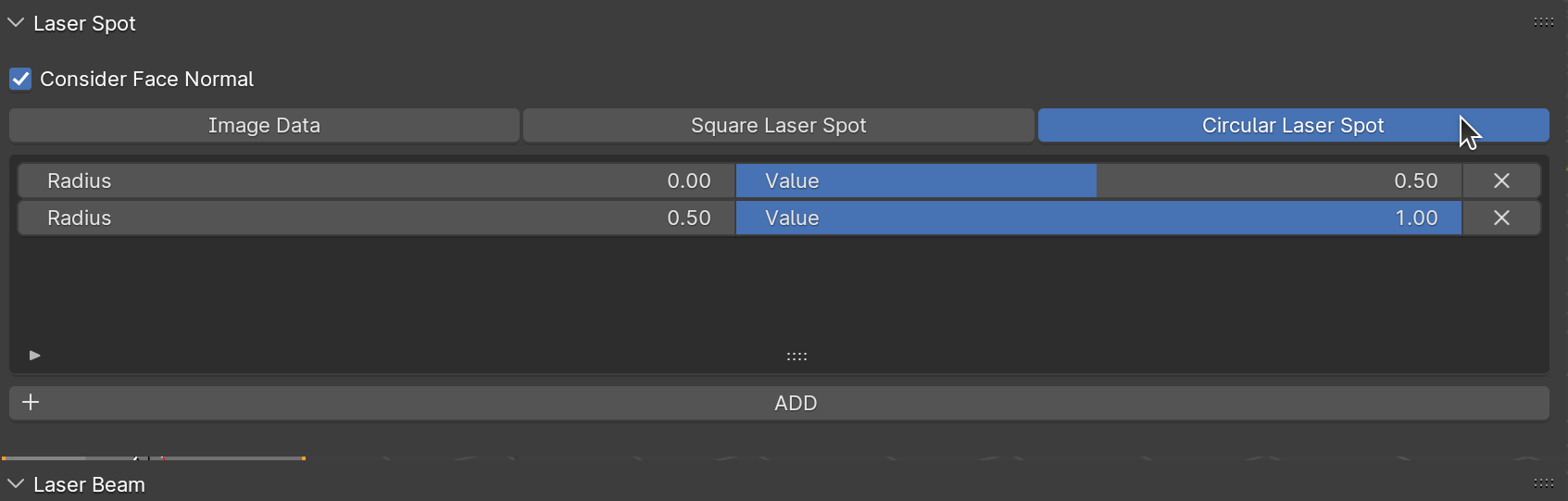 Selecting the circular laser spot type